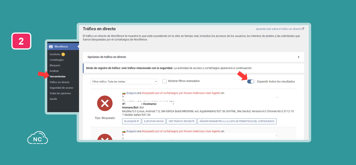 Si tu web creada con WordPress es muy visitada, te aparecerán ataques más constantes de bots Sistema mostrando los bots que atacan a una web creada con WordPress