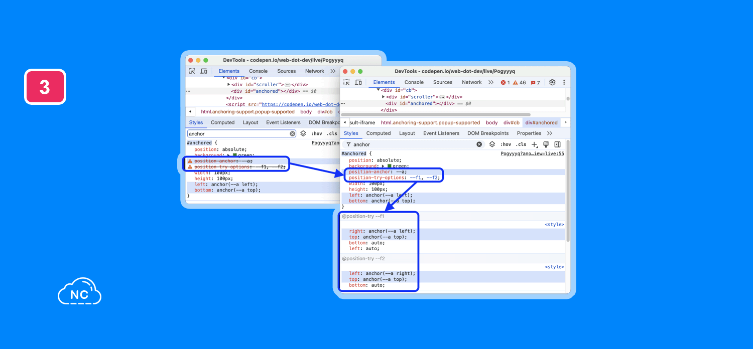 También obtendrás errores de las reglas CSS @position-try Soporte para reglas CSS @position-try