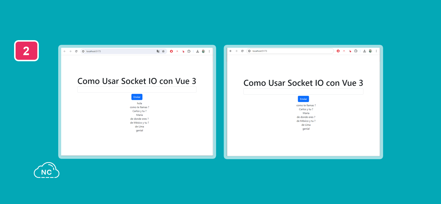 Puedes abrir varias ventanas de chat para comunicarte Chat creado con Socket IO y Vue 3