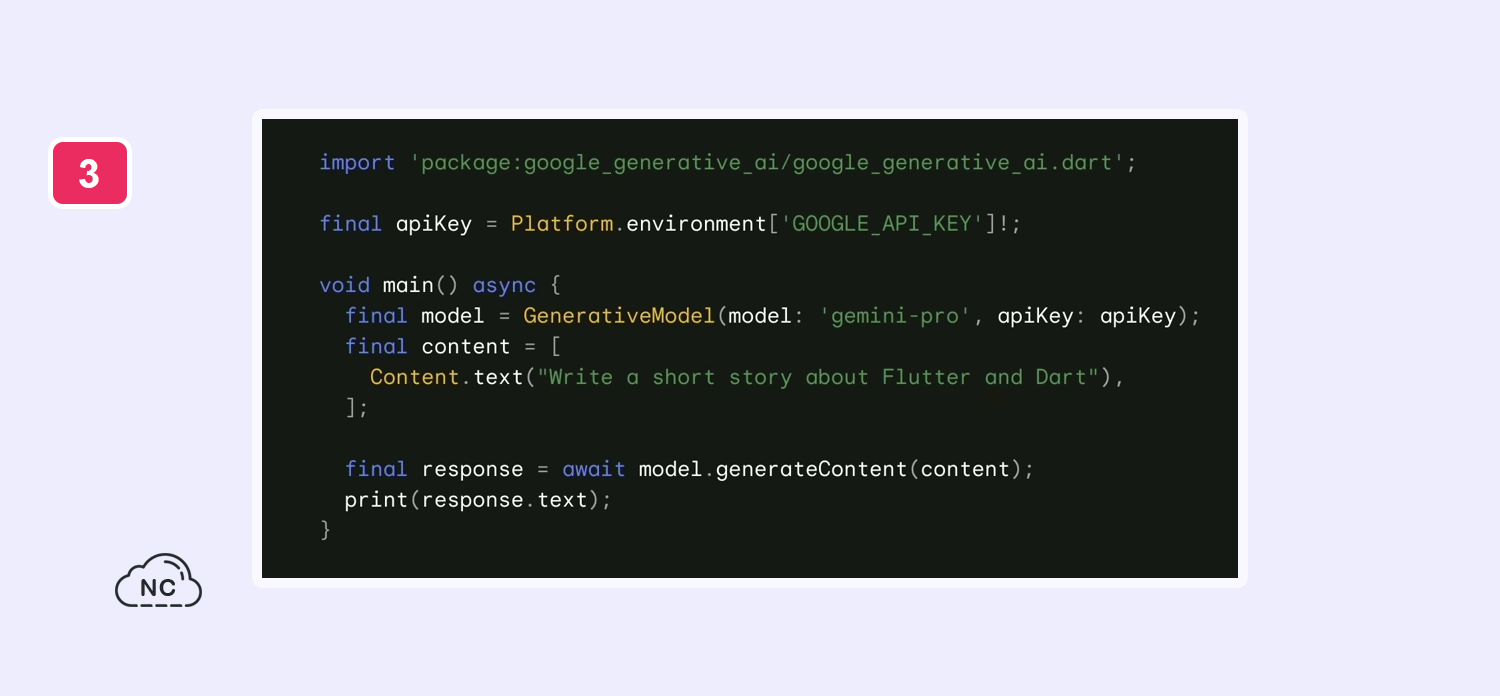 No olvides pasarle tu API KEY de Gemini AI Código para usar Gemini AI con el lenguaje de programación Dart