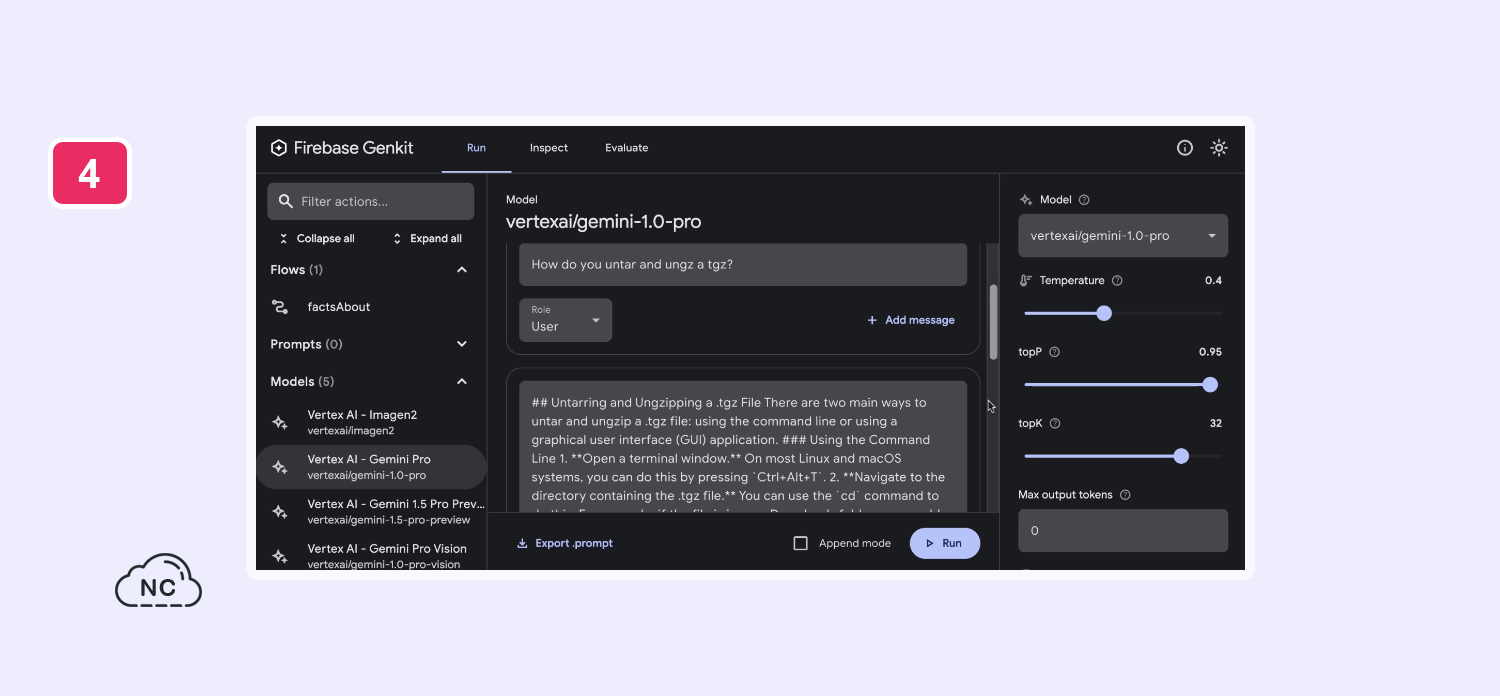 Puedes configurar la temperatura, tokens y más Experimentando con Gemini AI Pro en Firebase Genkit