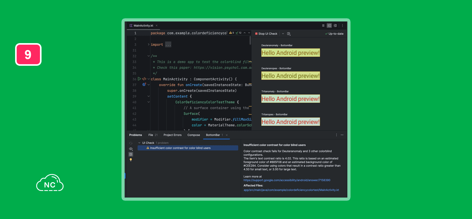 El panel te brinda enlaces de referencia que te servirán como guía para corregir estos problemas Panel Compose UI Check de Android Studio