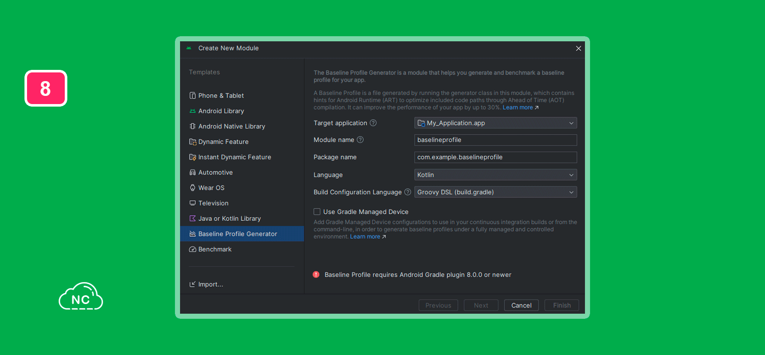 Un perfil de baseline aumenta el rendimiento de tu aplicación en un 30% Panel para generar un perfil de baseline en Android Studio