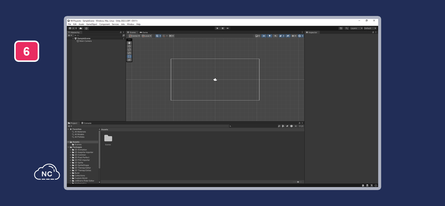 A los lados y arriba se encuentran opciones importantes para trabajar con Unity Proyecto creado con Unity