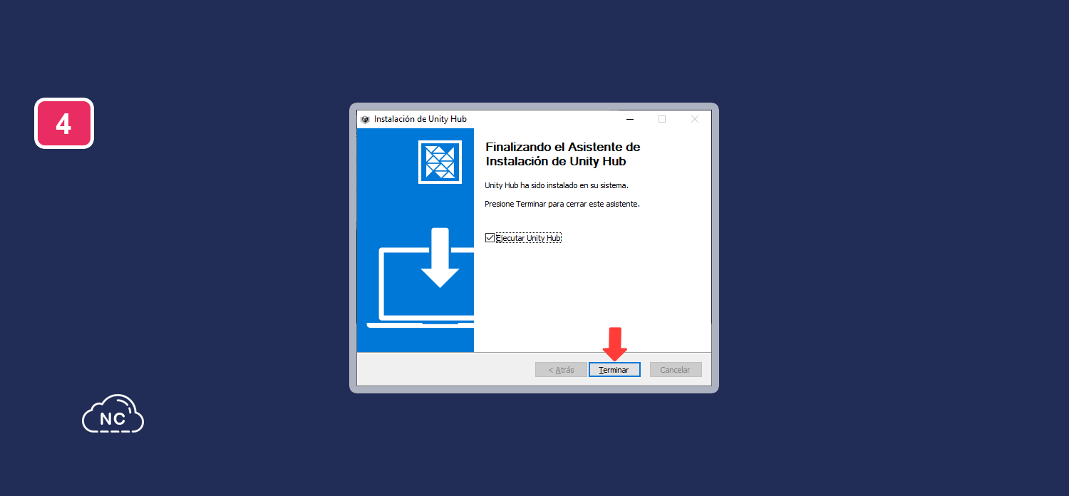 Esta es la última parte de la instalación del asistente de instalación de Unity Hub Asistente de instalación de Unity Hub instalado correctamente