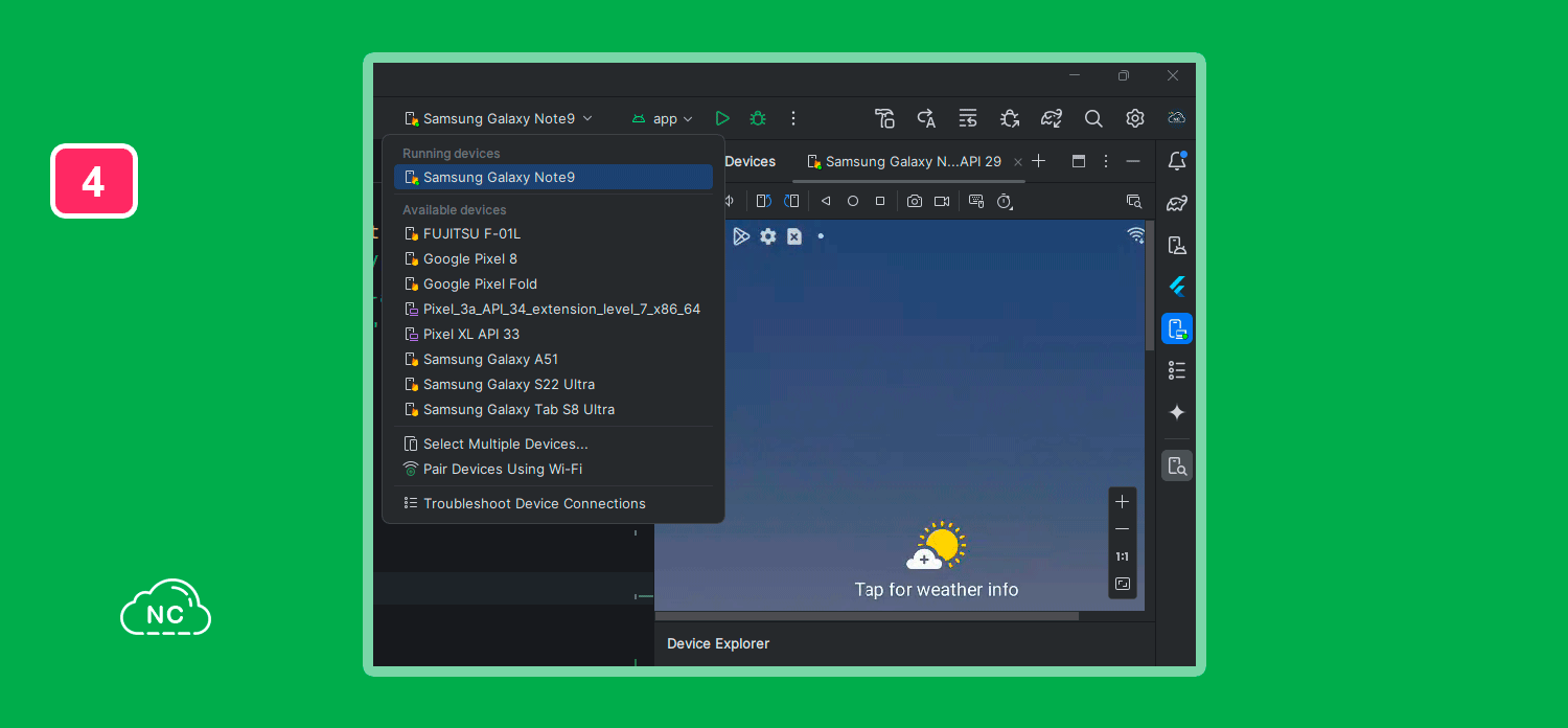 Recuerda haber iniciado sesión con tu cuenta de Google y habilitar Firebase como te explique anteriormente Usando Android Device Streaming en Android Studio
