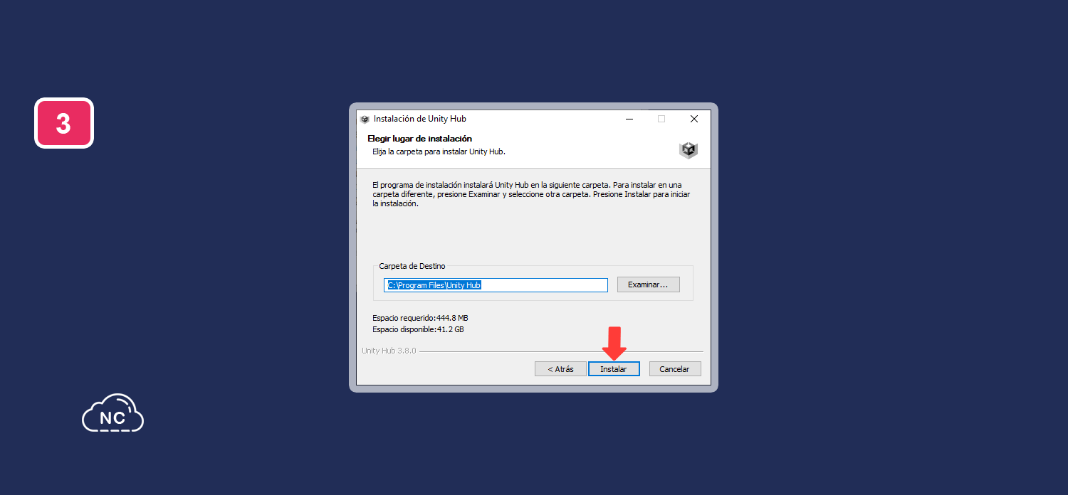 Si no quieres continuar con la instalación, presiona el botón Cancelar Ventana de instalación de Unity