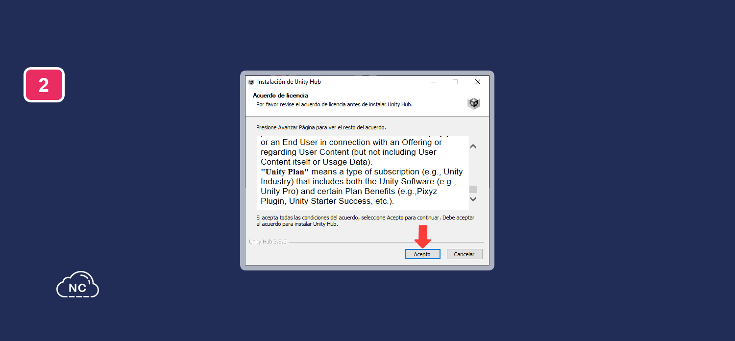 Si no estas de acuerdo con estos términos puedes presionar el botón Cancelar Ventana para aceptar los términos de Unity