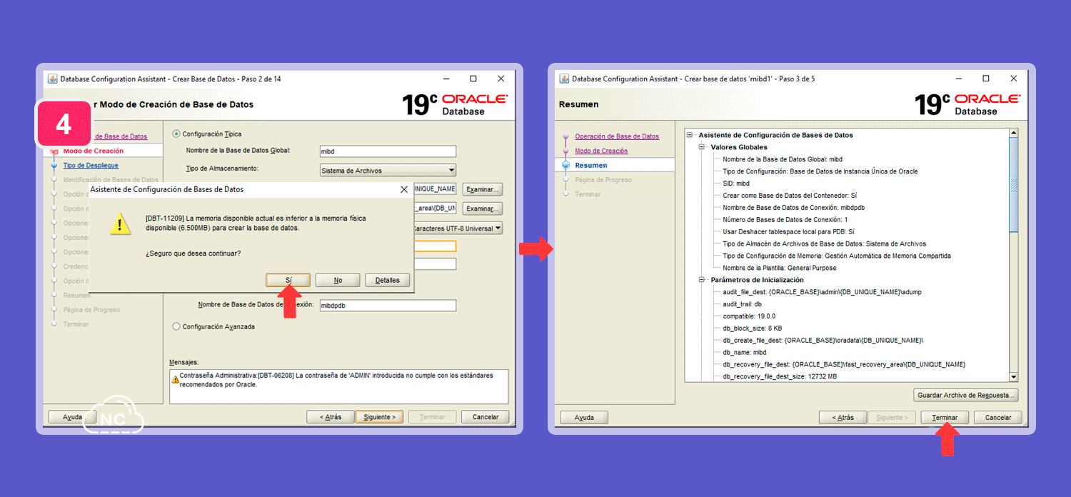 El botón "Guardar Archivo de Respuesta" te guarda una copia de la configuración de la nueva base de datos Confirmando la configuración de la nueva base de datos