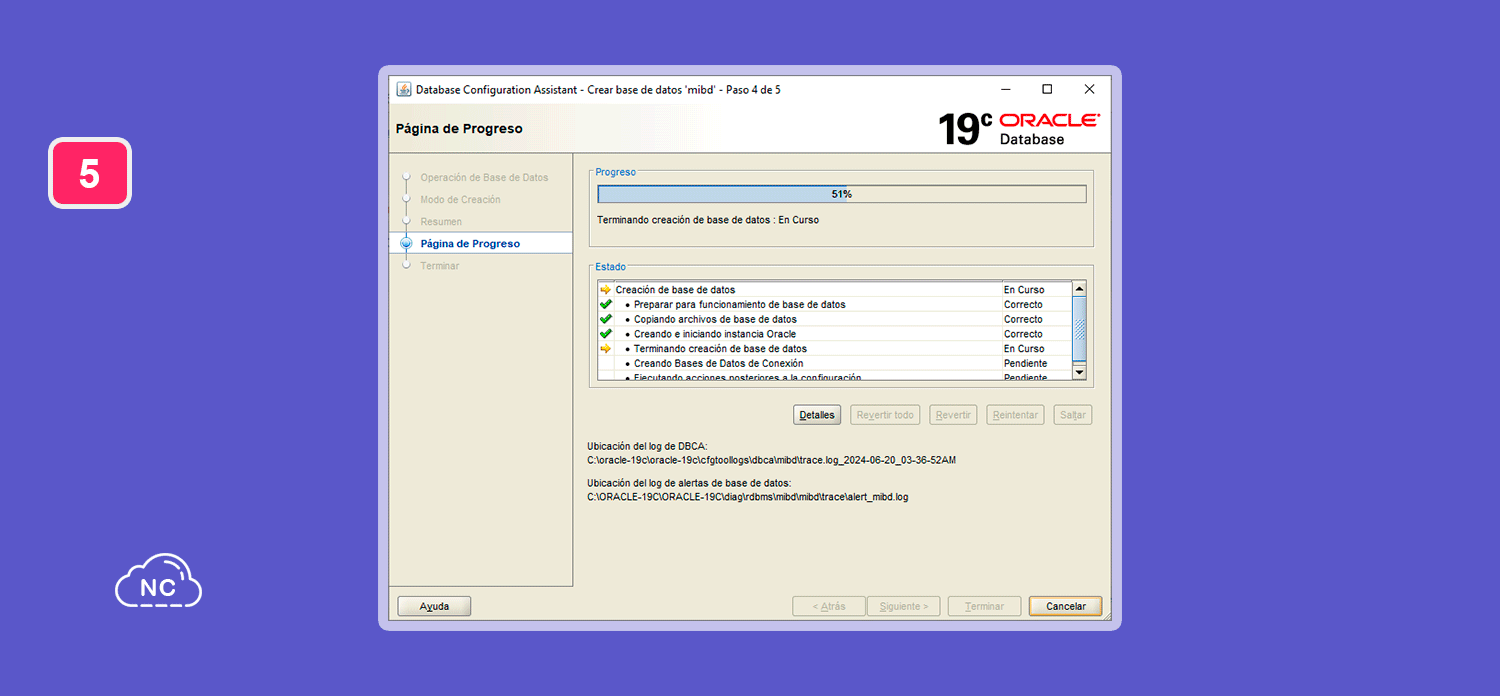 Si presionas el botón "Detalles" podrás ver más detalles de la creación de la base de datos Creando la nueva base de datos Oracle en Windows