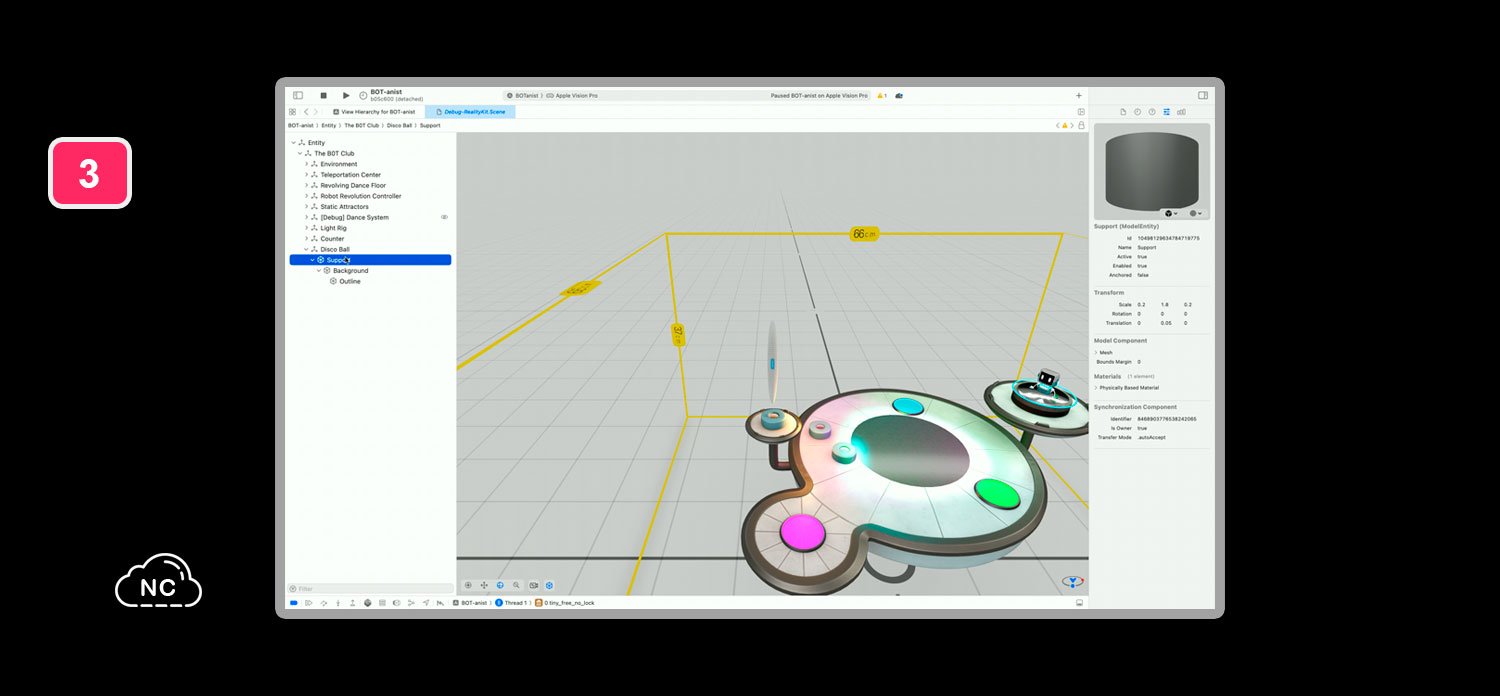 En tiempo real puedes ver cuanto espacio ocupan determinados elementos de tu aplicación para Apple Vision Pro Depurador de RealityKit