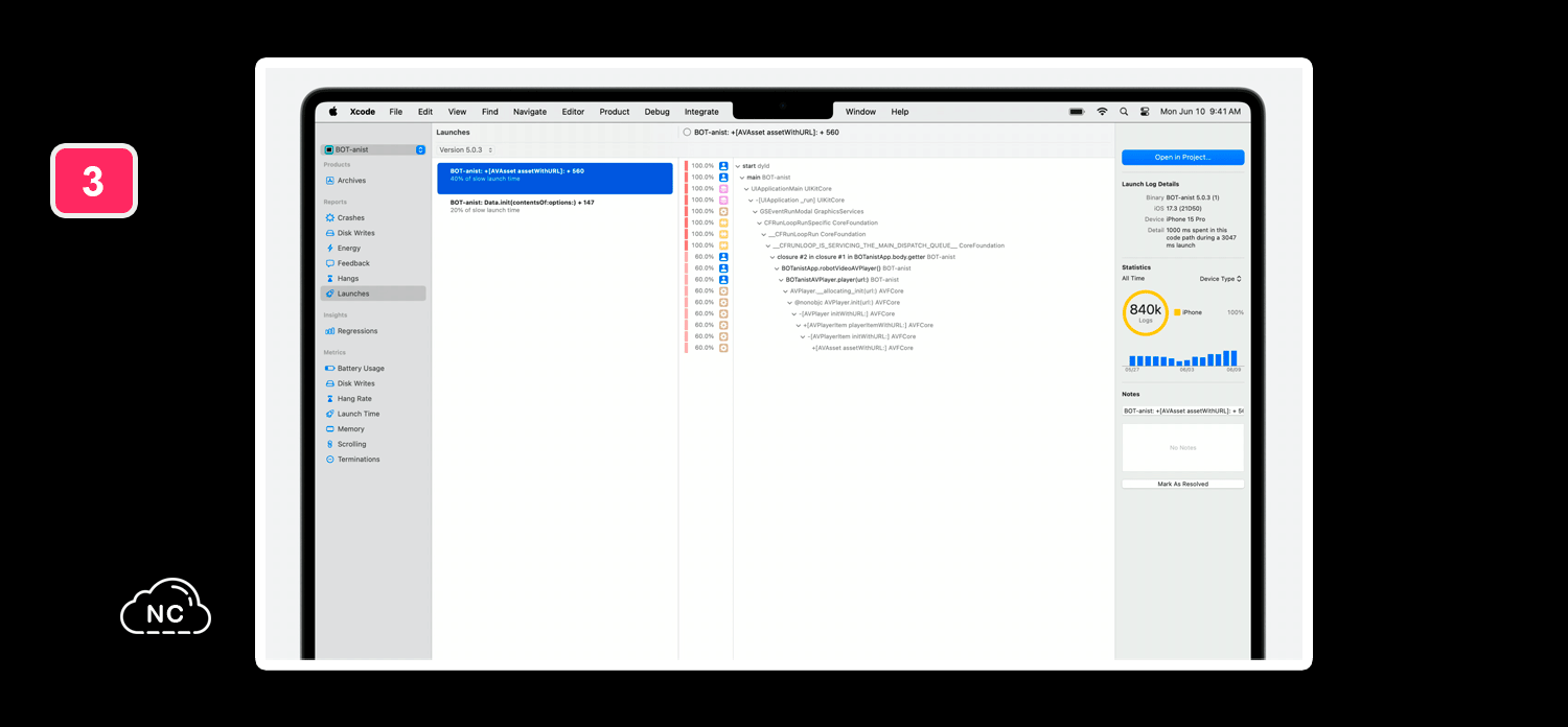 En la imagen se esta depurando el lanzamiento de un dispositivo iPhone 15 Pro Diagnóstico de lanzamiento en Xcode 16