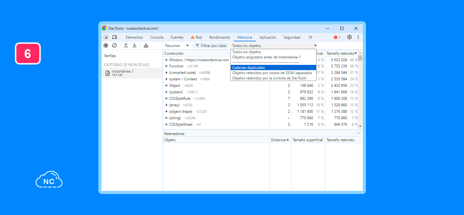 En este ejemplo se consumió 10.5 MB de memoria RAM del servidor Nuevos filtros en instantáneas en el panel Memoria