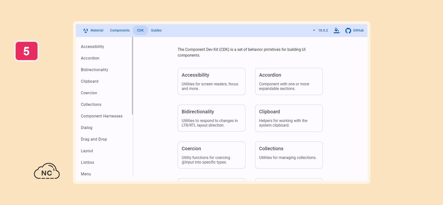 Asimismo muestra información técnica sobre cada uno de los componentes Página web de Angular CDK