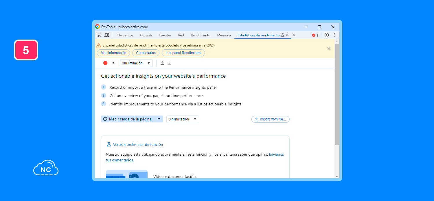 Según el equipo de Chrome DevTools, el panel Lighthouse brinda mejores datos que este panel Panel Estadísticas de rendimiento