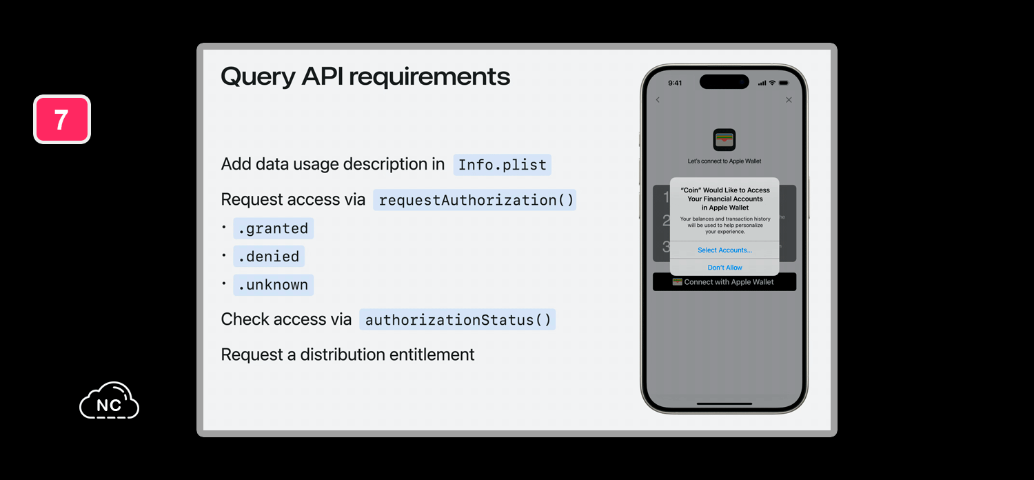 Usa el FinanceKit con responsabilidad Query API solicitando permiso para acceder al Apple Wallet del usuario