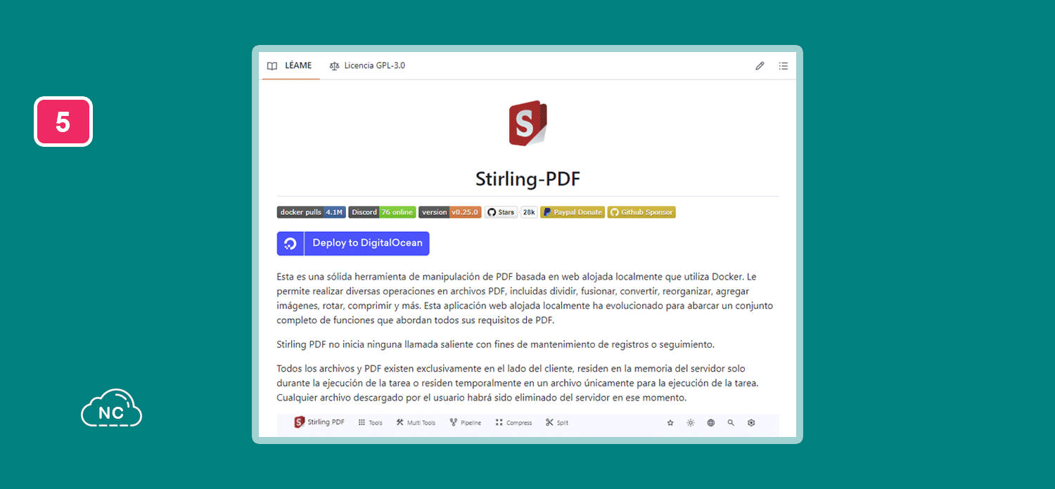 Tiene una API que permite integrarle scripts externos Repositorio de Stirling-PDF en GitHub