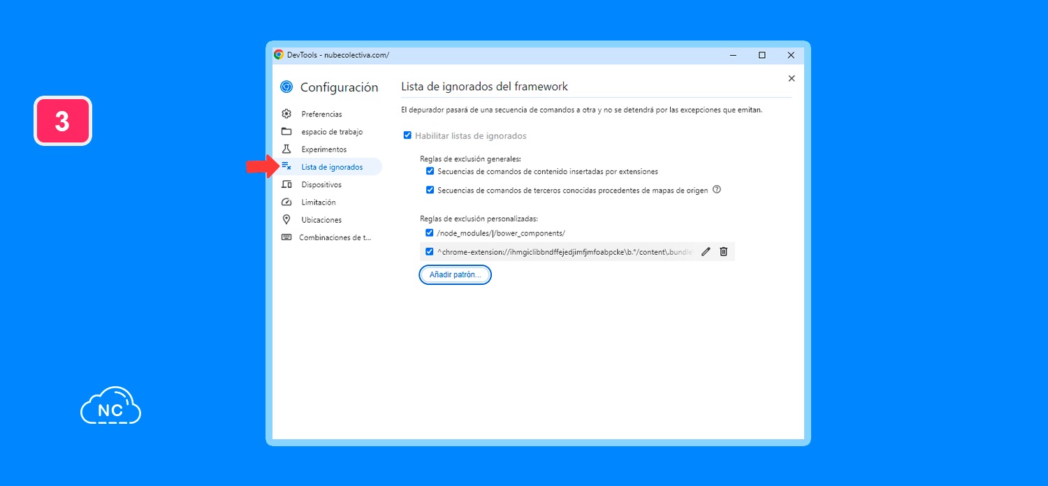 El icono de lápiz de permite editar una secuencia de comandos ignorada Sección Lista de ignorados en Chrome DevTools