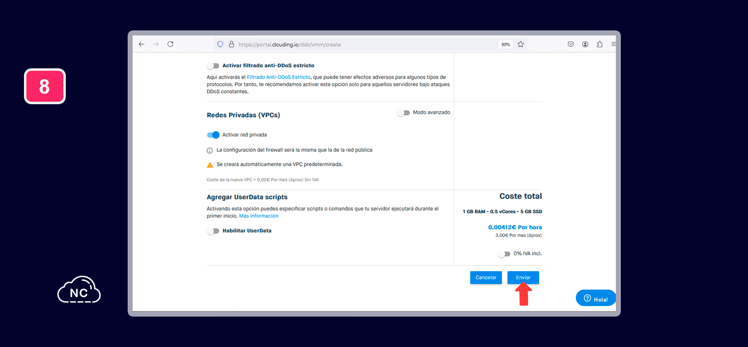 Puedes hacerlo en todos los servidores que desees Botón para crear el servidor con múltiples redes privadas
