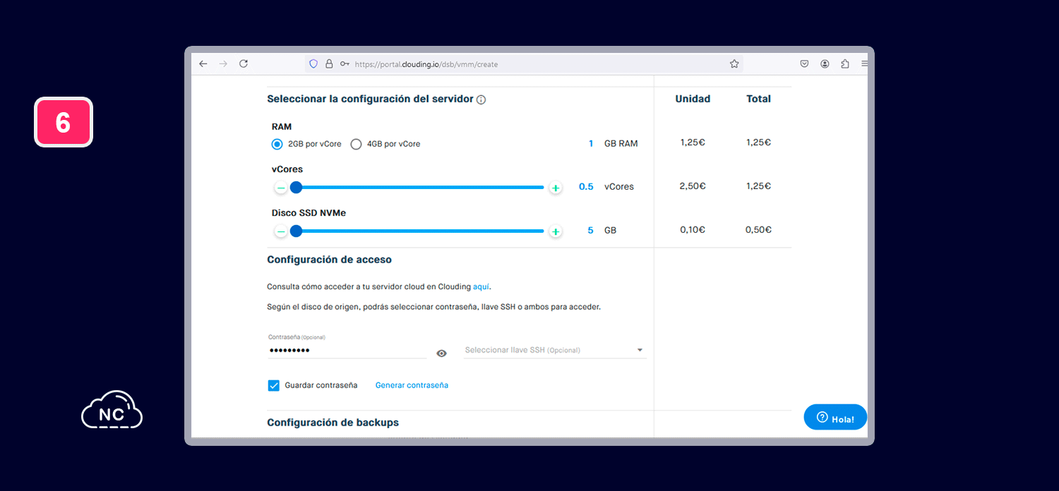 Recuerda usar una contraseña segura, esta contraseña la usarás para iniciar sesión en la consola del VPS Definiendo los recursos de hardware y el password para el VPS