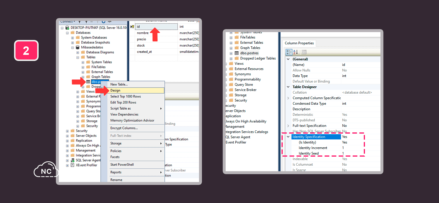 Solo modifica lo que te indico, no muevas otras opciones Haciendo el ID autoincremental de una tabla de MS SQL Server