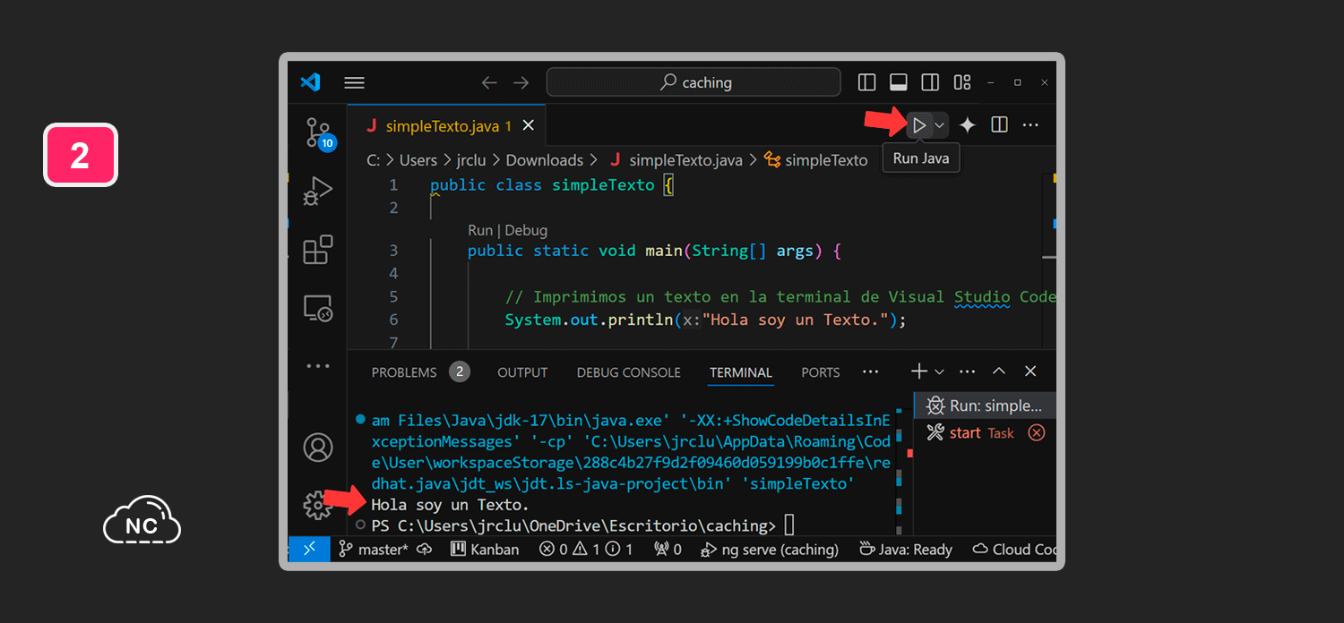 Al lado derecho del botón play hay una flechita apuntando hacia abajo con otras opciones, no las toques a menos que sepas lo que haces Botón para ejecutar código de Java en Visual Studio Code de forma nativa