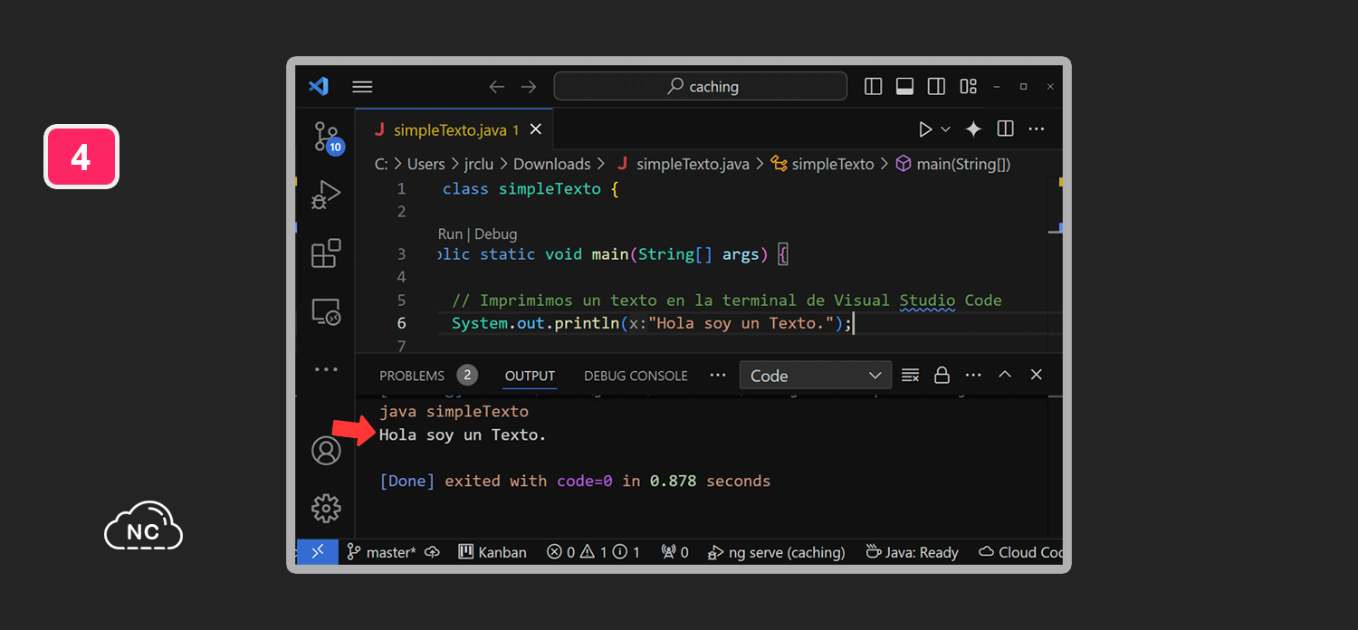 La extensión Code Runner nos muestra limpiamente el resultado de nuestro código Java Código Java ejecutado con la extensión Code Runner en Visual Studio Code