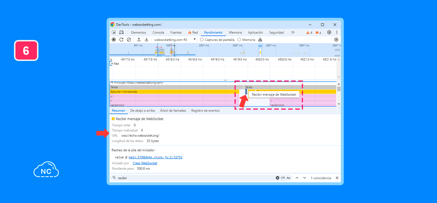 El panel Rendimiento tiene información valiosa para analizar Recibiendo mensaje de WebSocket en el panel Rendimiento