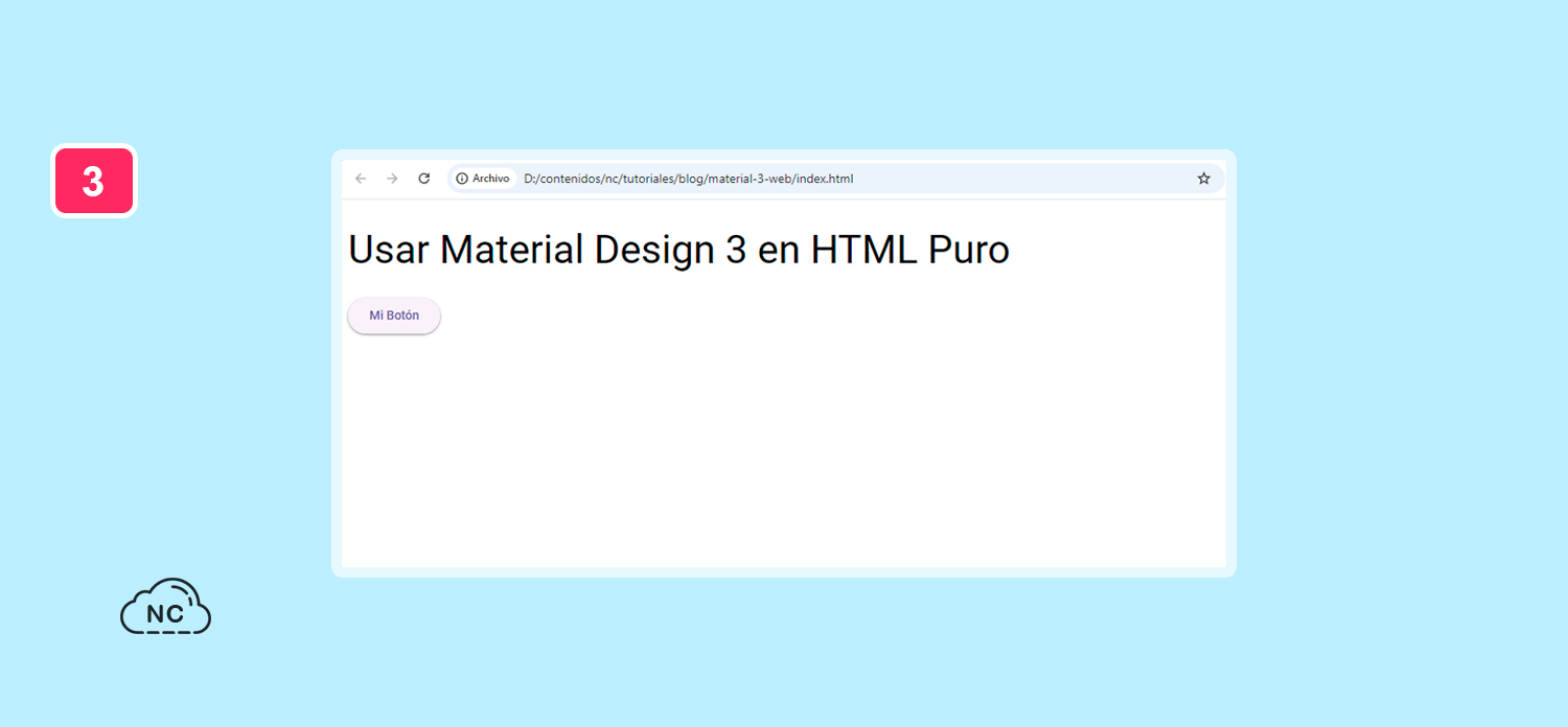 También te muestra una animación al presionar el botón Usando Material Design 3 en HTML Puro