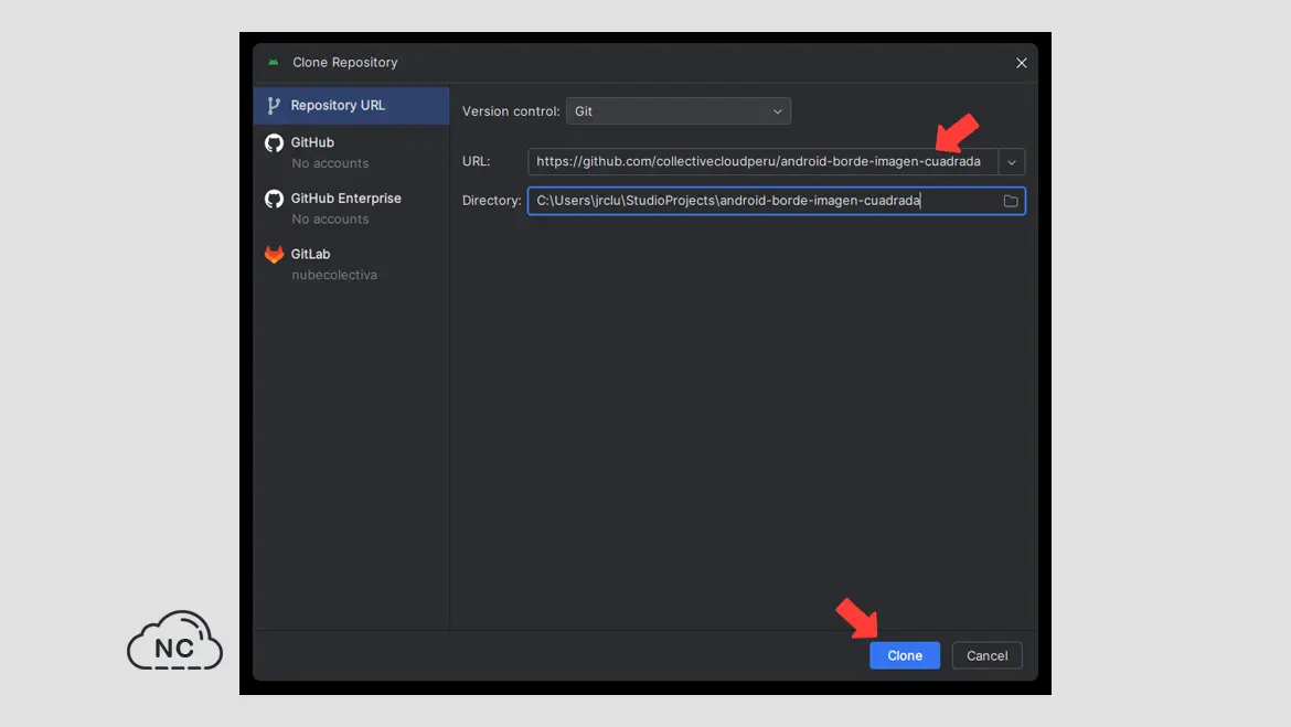 La opción para Git también hace referencia a GitLab y otros sistemas basados en Git Opción para colocar la url del repositorio de GitHub a clonar