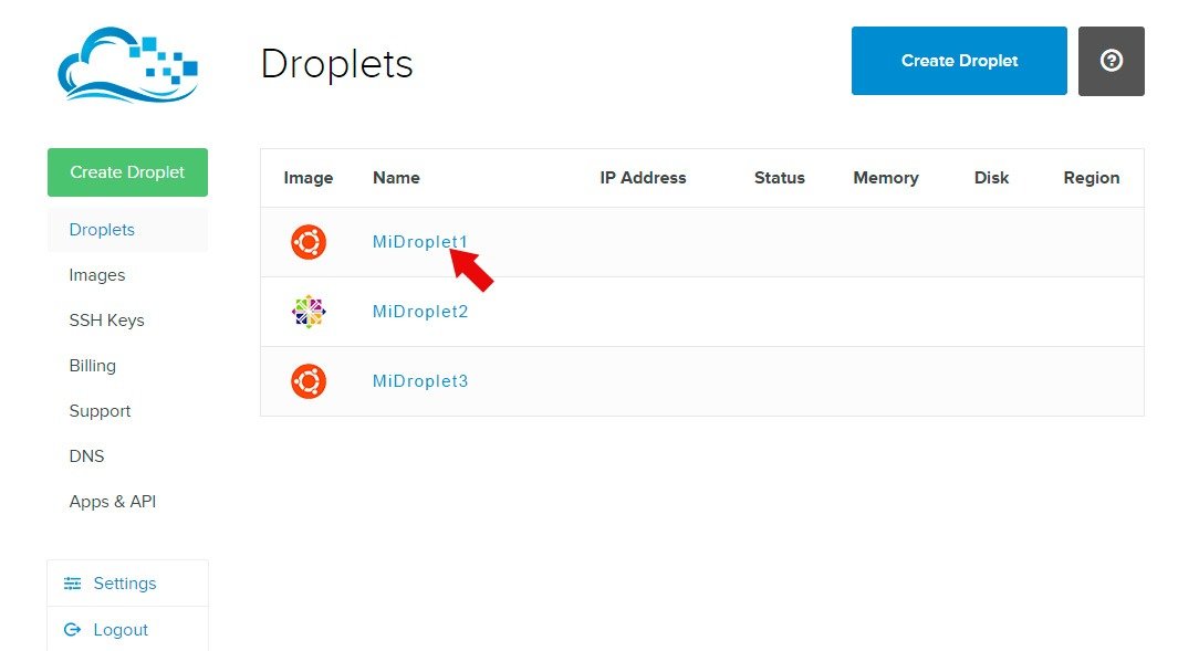 Droplets adquiridos en Digital Ocean Lista de Droplets en Digital Ocean