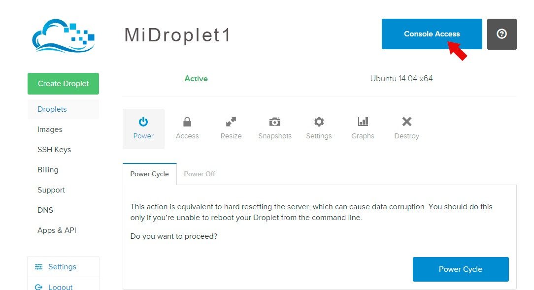 Interface de un droplet de digital ocean Acceso a la consola de comandos