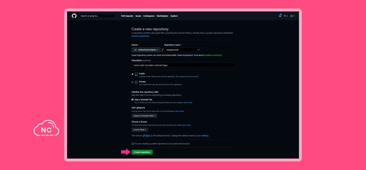 También puedes añadirle un archivo .gitignore Formulario para ingresar los detalles para el nuevo repositorio de GitHub