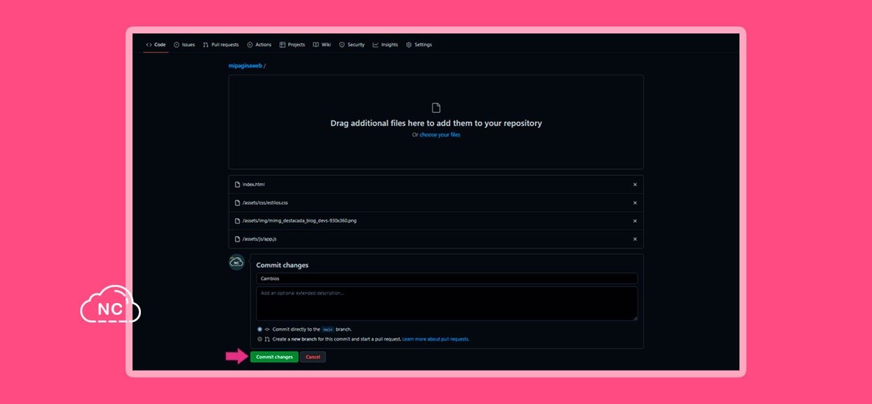 Puedes presionar el botón "Cancel" para cancelar la operación Cargando los archivos de la web al repositorio