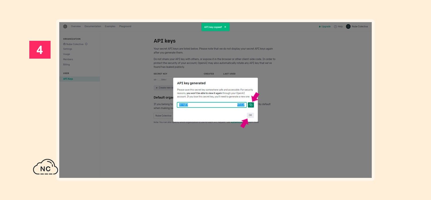 En esta ventana podrás ver todos los valores de tu API Key de OpenAI Venta de API Key de OpenAI creada