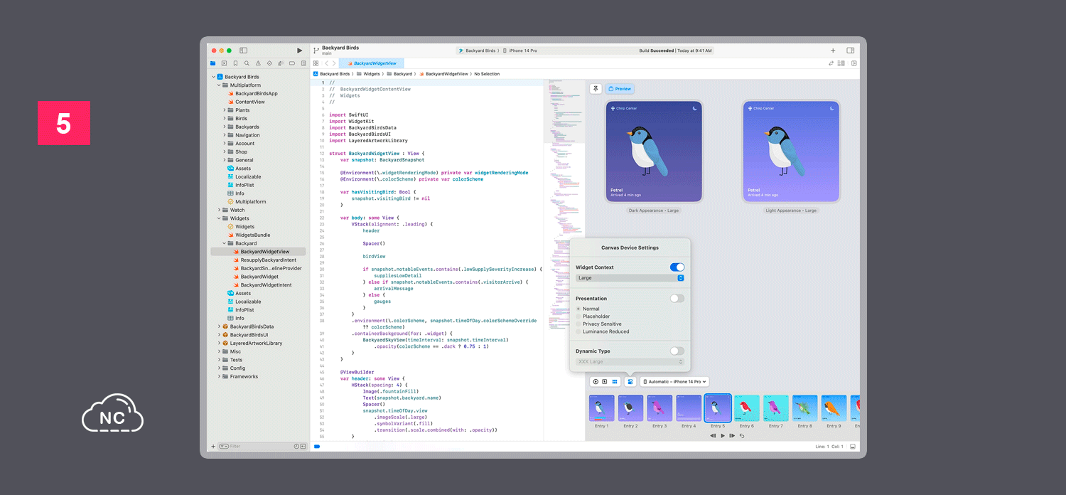 Las vistas previas de Xcode 15 funcionan en SwiftUI, UIKit y AppKit Editor de código Xcode 15 con Swift y SwiftUI