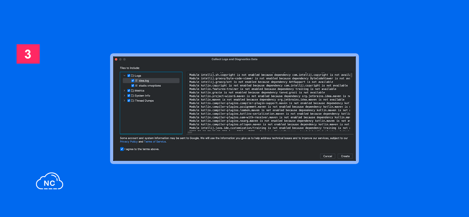 Android Studio Giraffe se irá mejorando poco a poco en sus subversiones Ventana para Collect Logs and Diagnostic Data en Android Studio Giraffe