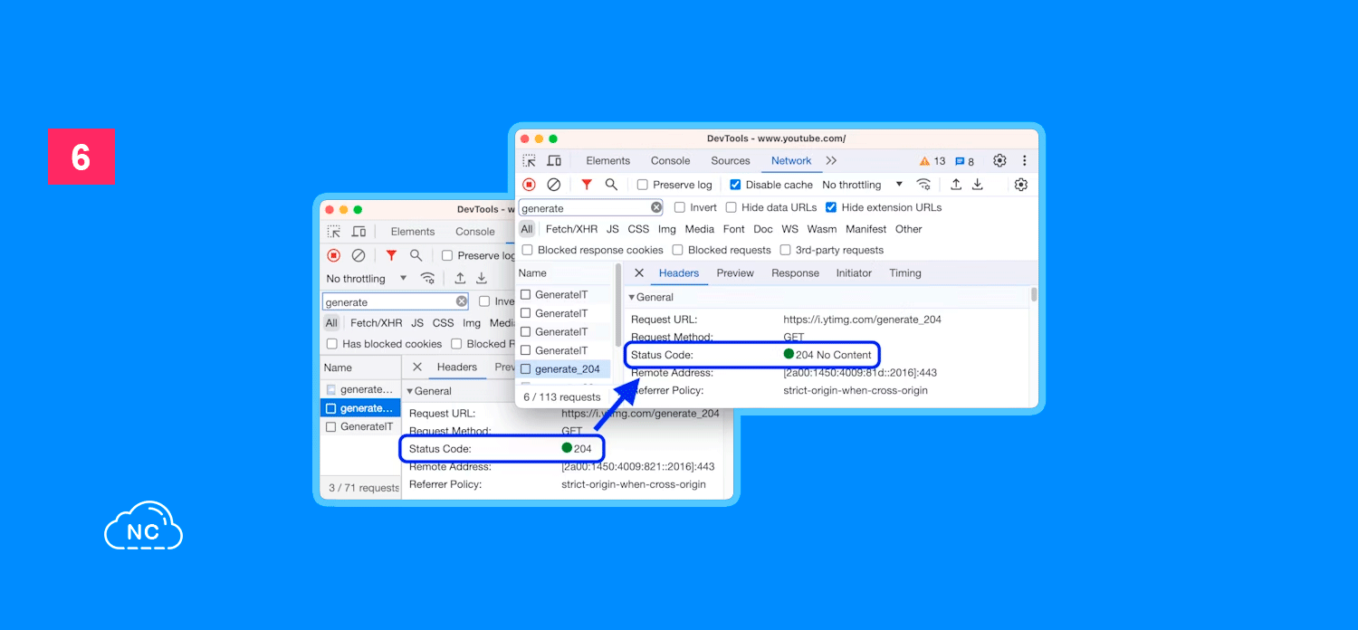 Aparte del código de estado, puedes encontrar otra información Código de estado HTTP en el panel Network en Chrome DevTools