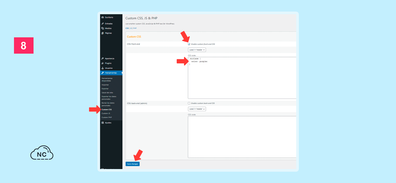 Agrega css personalizado wordpress Ventana del plugin para agregar css a wordpress
