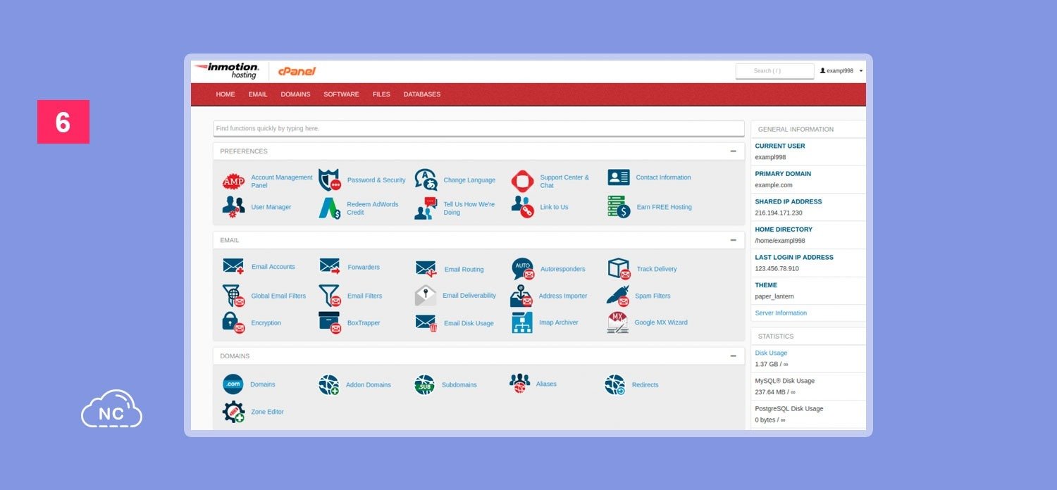 Su panel te brinda información acerca del estado de tu servidor Interface de InMotion