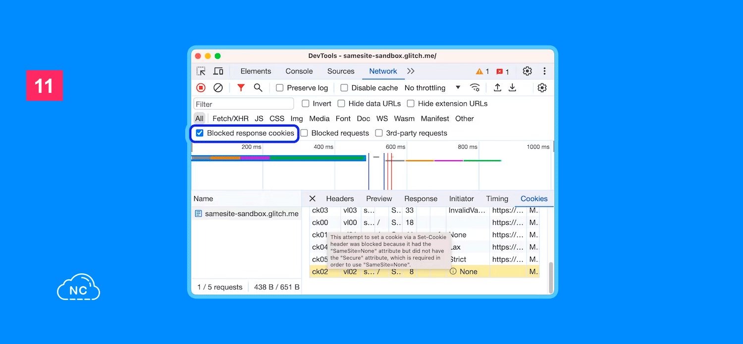Uno de los datos más comunes de una cookie, son los de los atributos SameSite Opción Blocked response cookies activada en DevTools