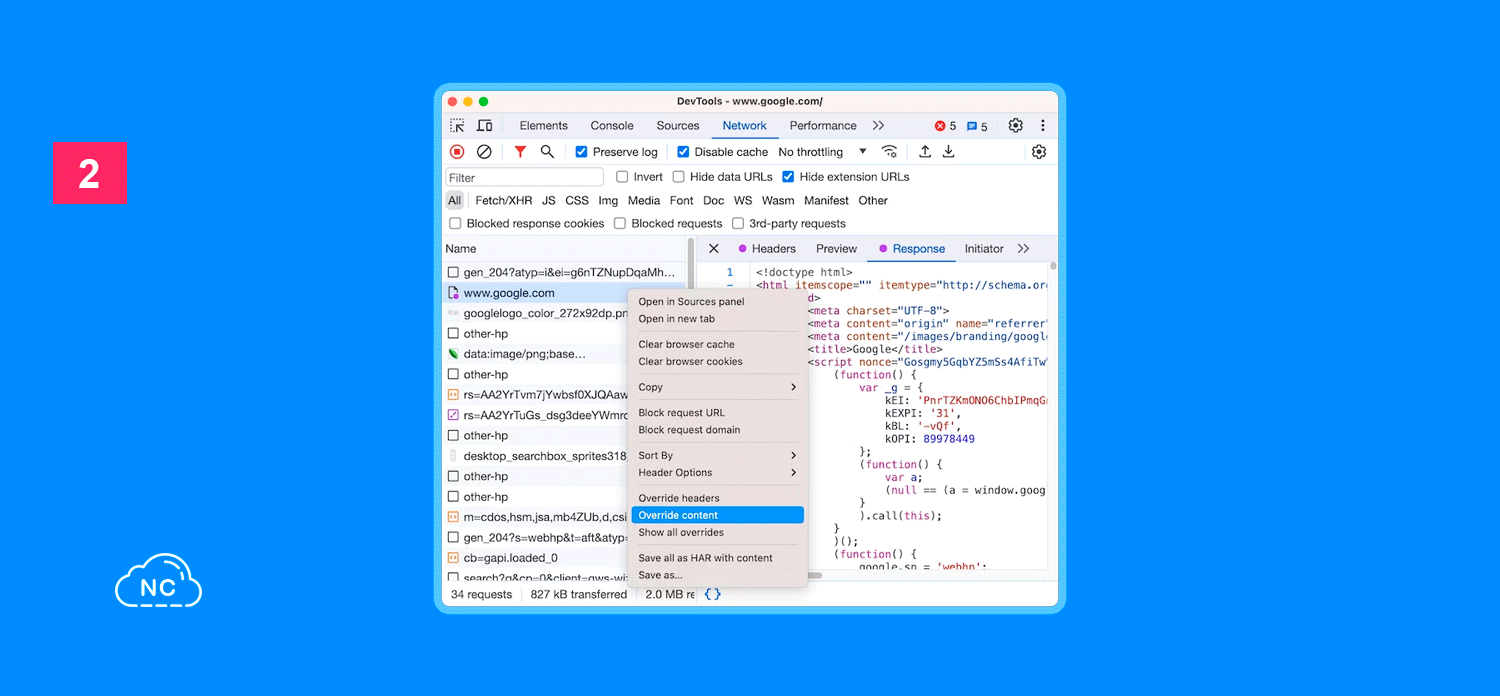 DevTools guarda una copia del archivo modificado en una carpeta que especifiques Opción Override content en el panel Network en Chrome DevTools 117
