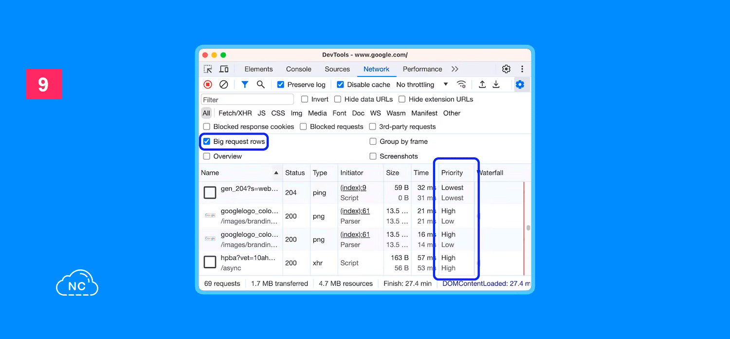 Puedes ver 2 datos básicamente: Lowest, High y Low Opción Big request rows en el panel Network en Chrome Dev Tools