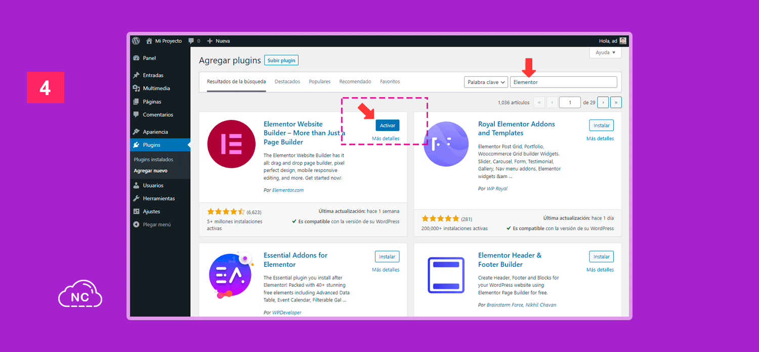 La activación del plugin Elementor en WordPress, es rápida Activación del plugin Elementor en WordPress