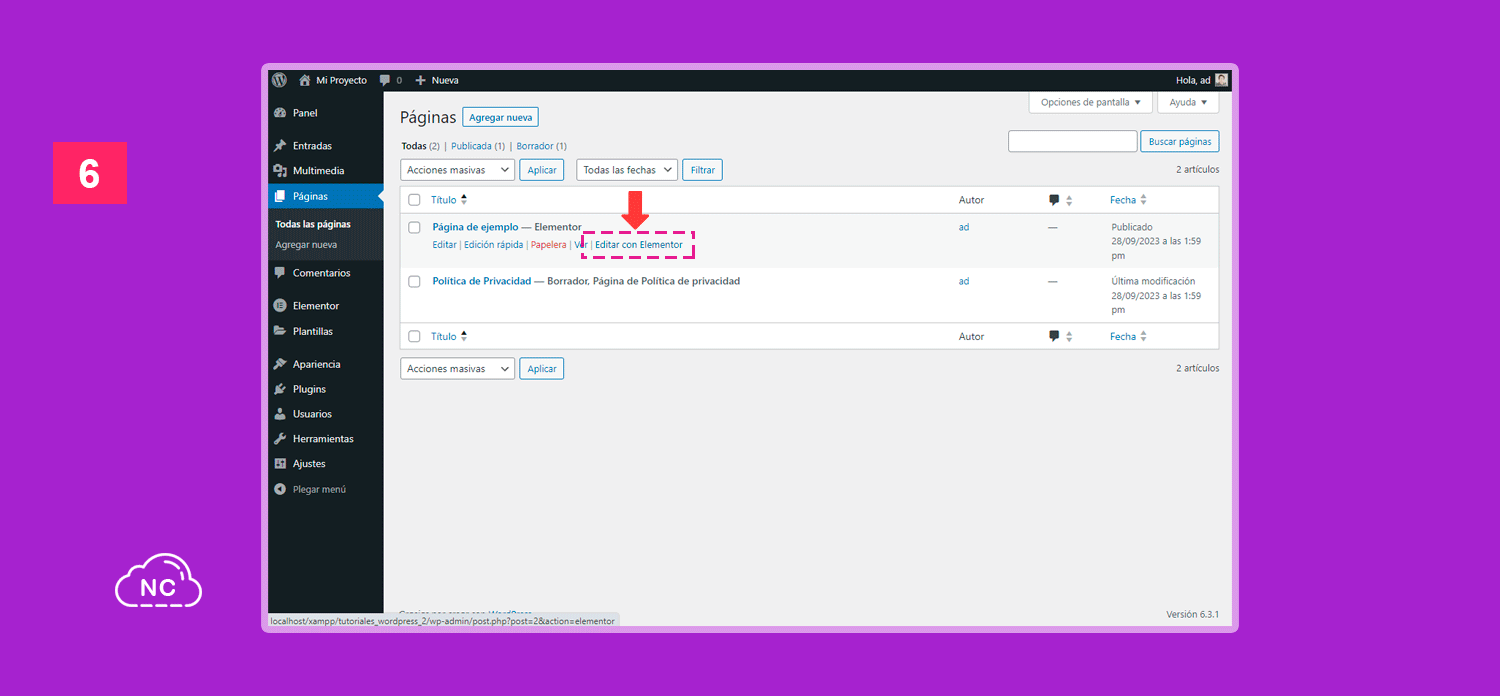 Esta opción es rápida para trabajar con Elementor en WordPress Editar página con Elementor en WordPress