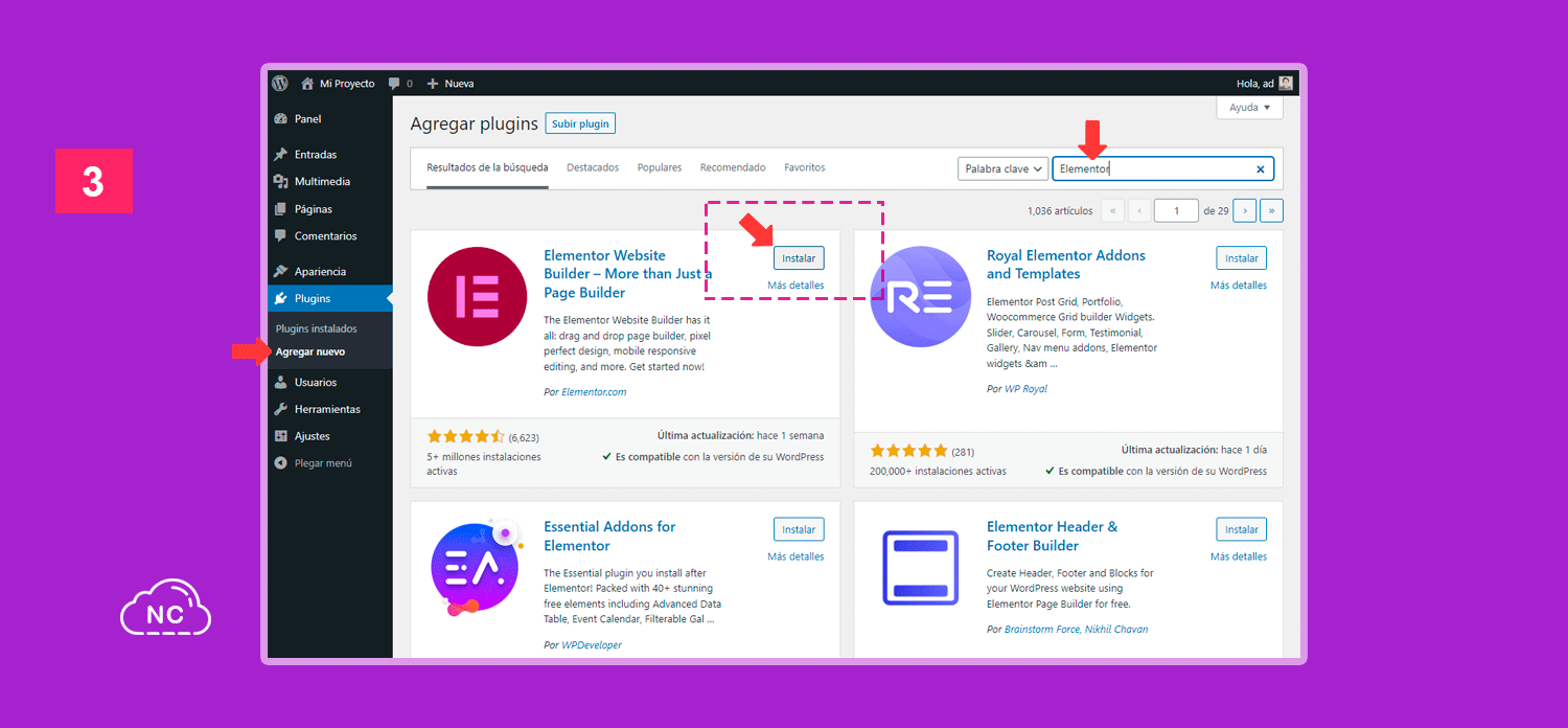 Espera que Elementor termine de instalarse y no muevas nada Página para agregar el plugin Elementor a WordPress
