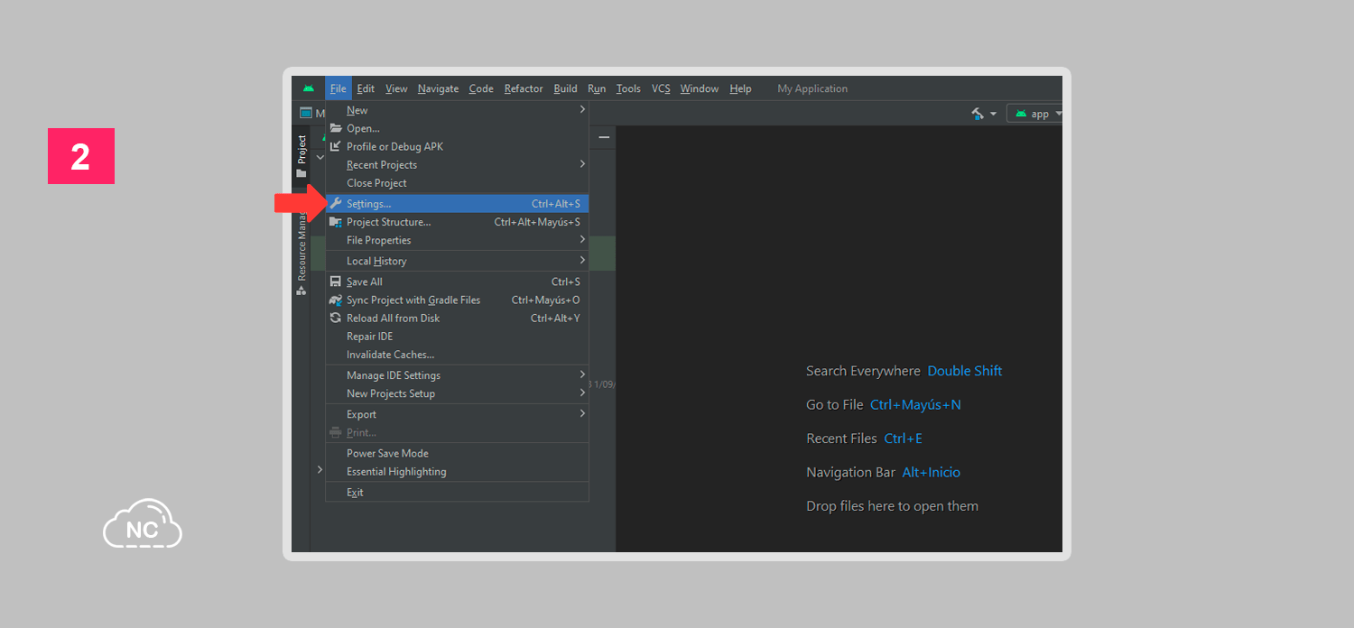 La opción Settings... tiene el icono de una llave inglesa al lado izquierdo Menú File > Settings... en Android Studio
