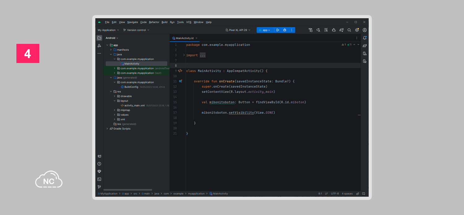 El botón para iniciar el emulador se resalta en una sección azul Nueva Interface de Android Studio