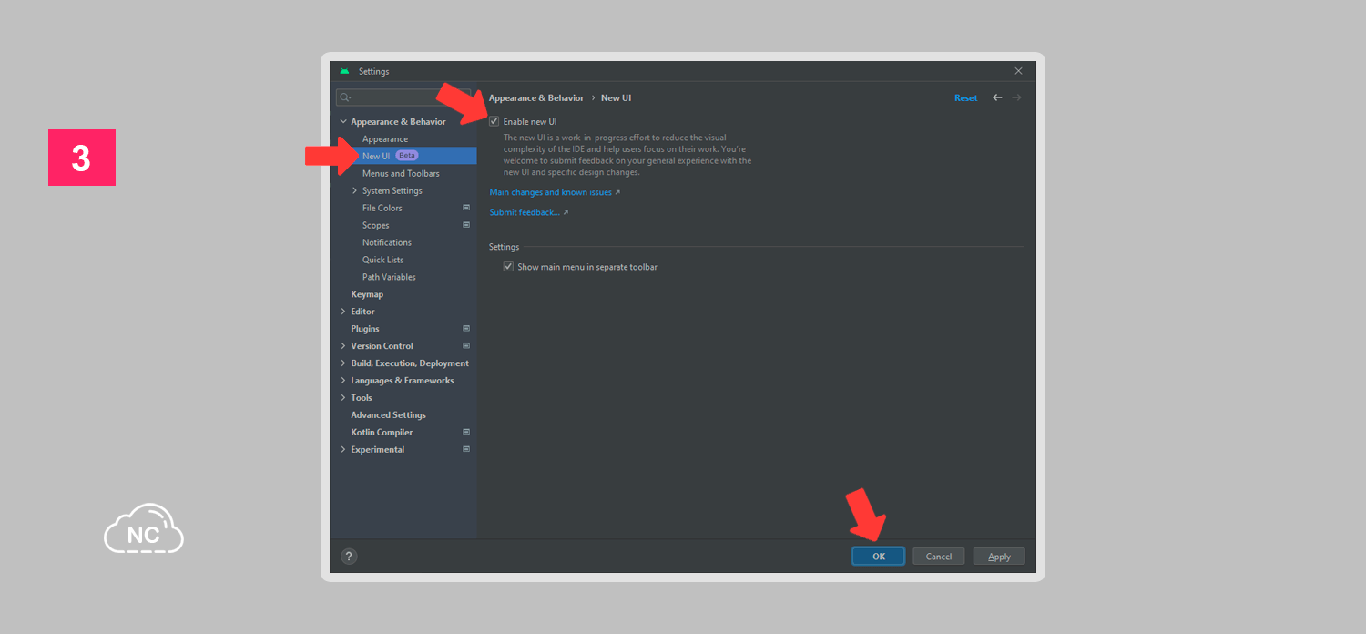 Puedes encontrar otros elementos en esta ventana Ventana para activar la nueva interface de Android Studio