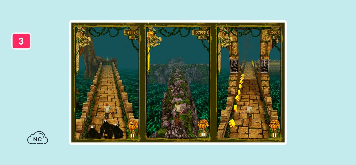 El ambiente es de una selva con templos enigmáticos Juego Temple Run creado con Unity